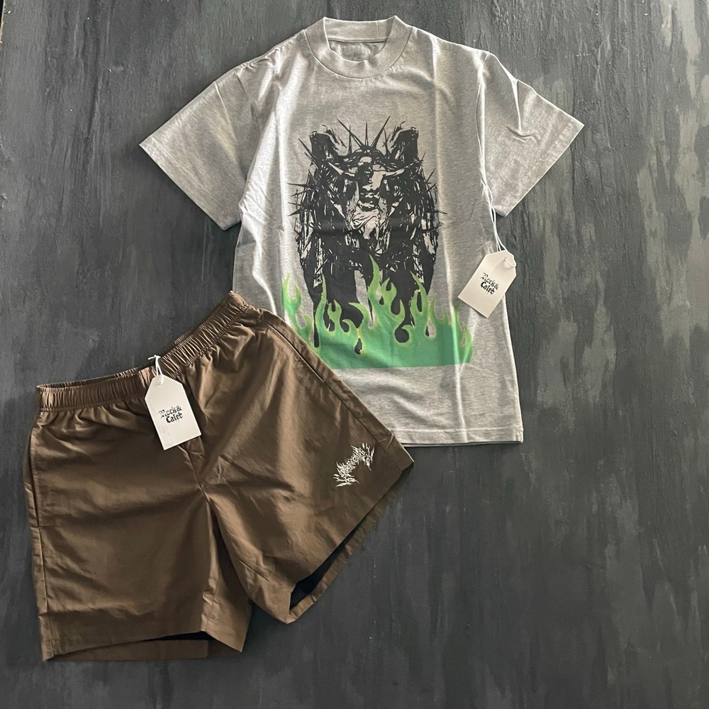 Rock & Caleb Shirt and Shorts Set Mens Small Grey Brown Cross Flames